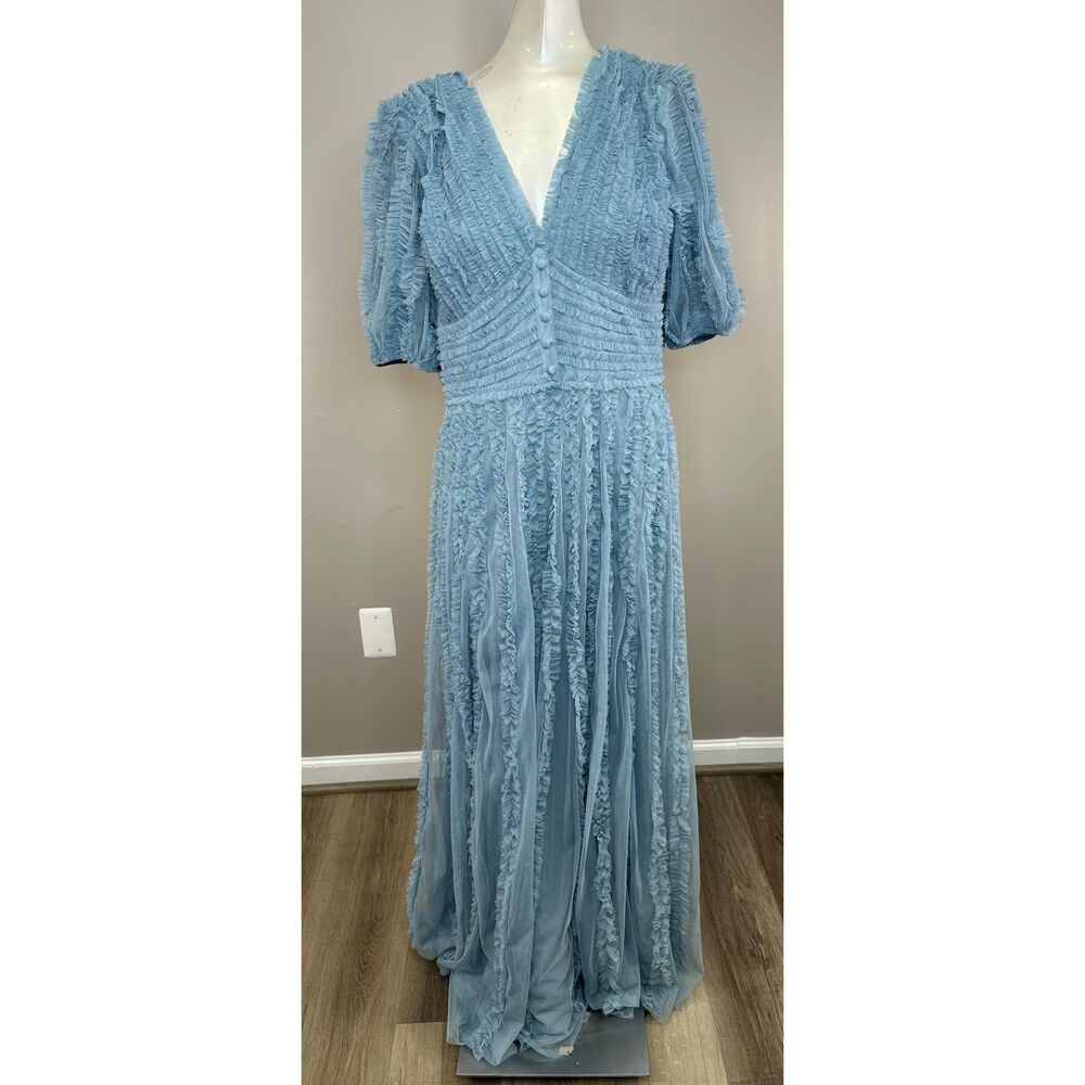 MAC DUGGAL Blue V Neck Puff Sleeve Ruffle Tiered A Line Gown Size 10 $598 - Picture 3 of 9
